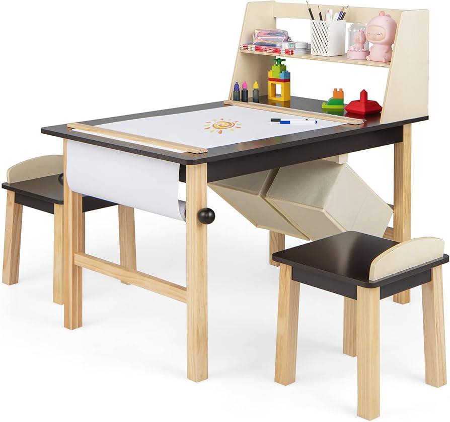 Costzon Kids Art Table and Chair Set, Wooden Drawing Painting Craft Center with Paper Roll, 2 Mar... | Amazon (US)