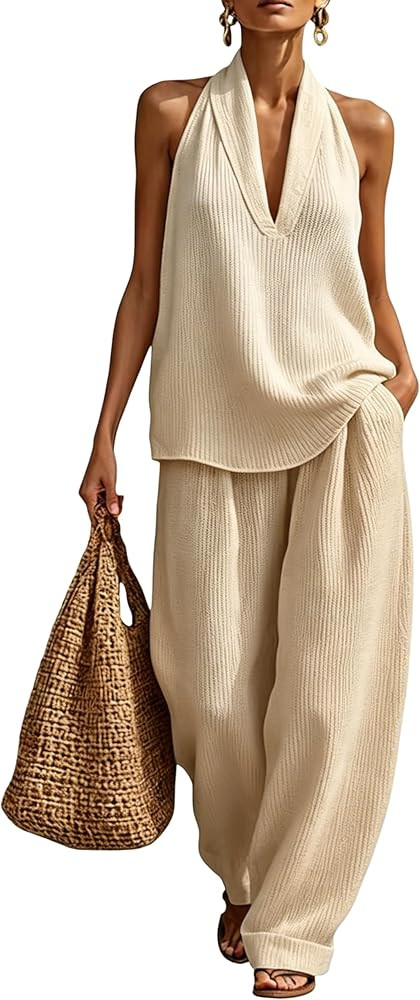 Yeokou Women's Sweater Sets 2 Piece Casual Lounge Sets Halter Knit Pullover Tops Wide Leg Pants S... | Amazon (US)