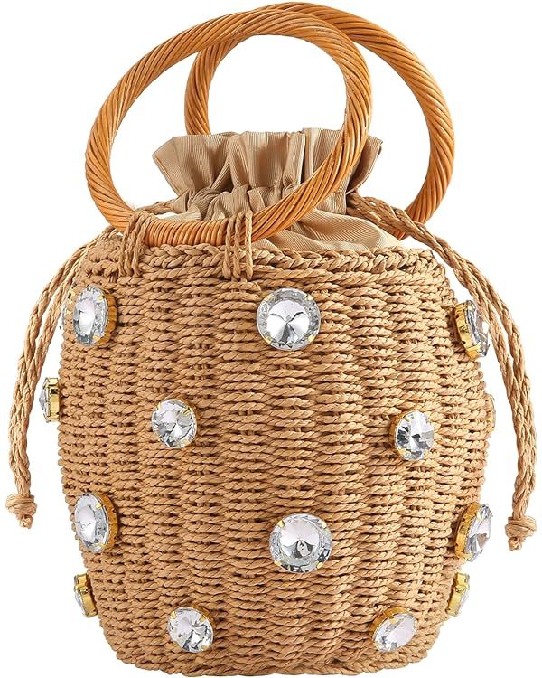 NIBD Flower Pearls Rattan Tote Bag Summer Beach Drawstring Straw Bucket Bag Diamonds Woven Handba... | Amazon (US)