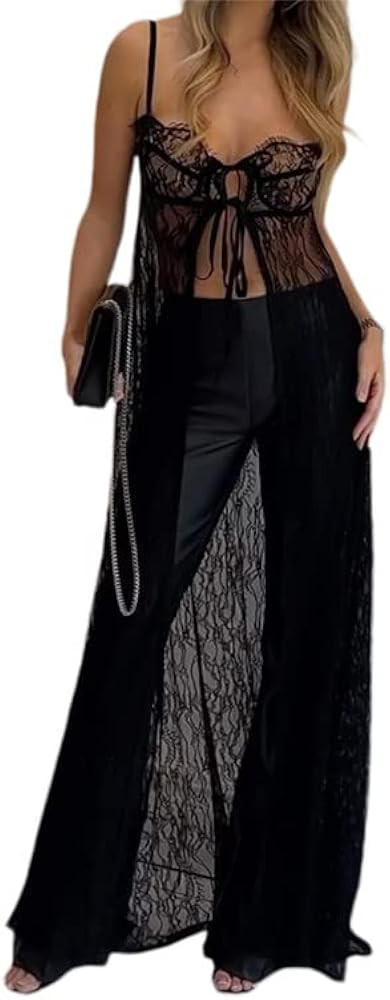 Women See Through Lace Dress Y2k Sexy Sheer Mesh Bodycon Long Dress Spaghetti Strap Sleeveless Co... | Amazon (US)