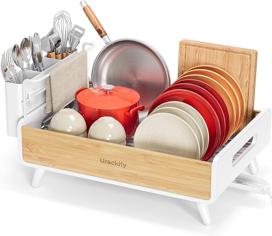 Urackify Bamboo Dish Drying Rack for Kitchen Counter, Stainless Steel,White | Amazon (US)