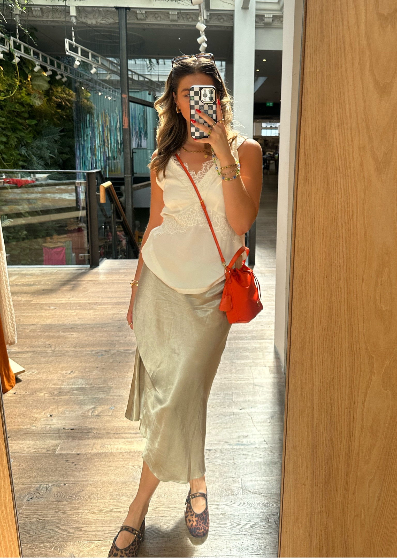 silk midi skirt, lace white cami top, leopard print ballet flat Mary Jane mango sunglasses rectangular brown marks and Spencer’s M&S H&M 

#LTKuk #LTKstyletip #LTKsummer