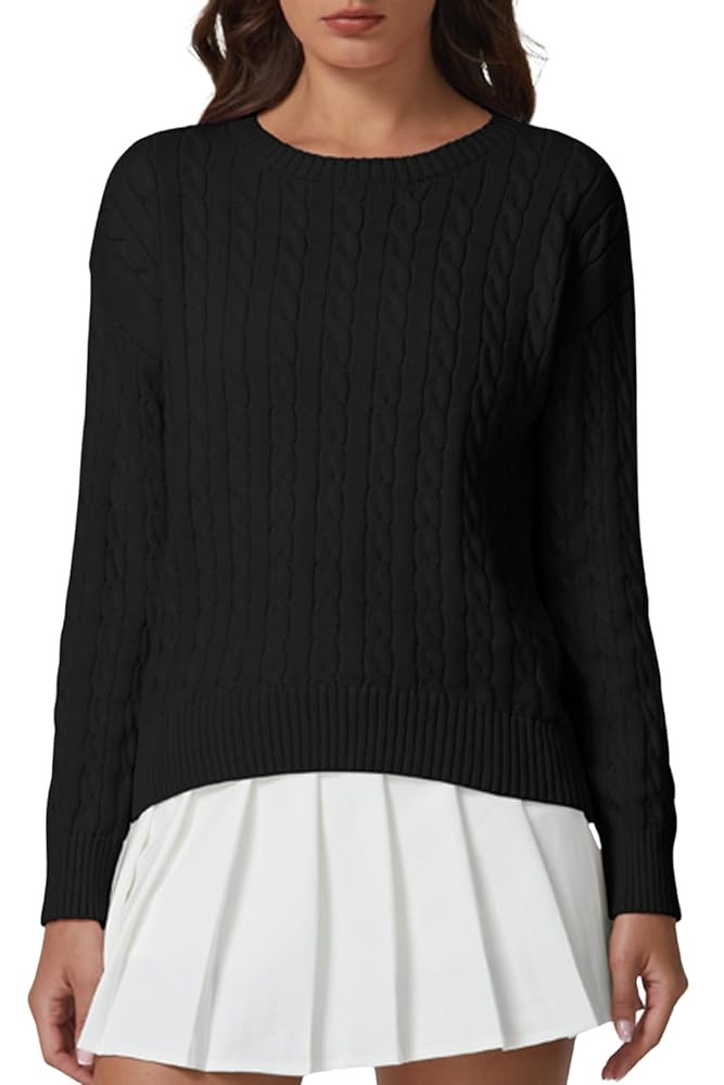 QINSEN Cable Knit Sweater for Women Long Sleeve 90s Vintage Ribbed Pullover Crewneck Sweater Tops | Amazon (US)