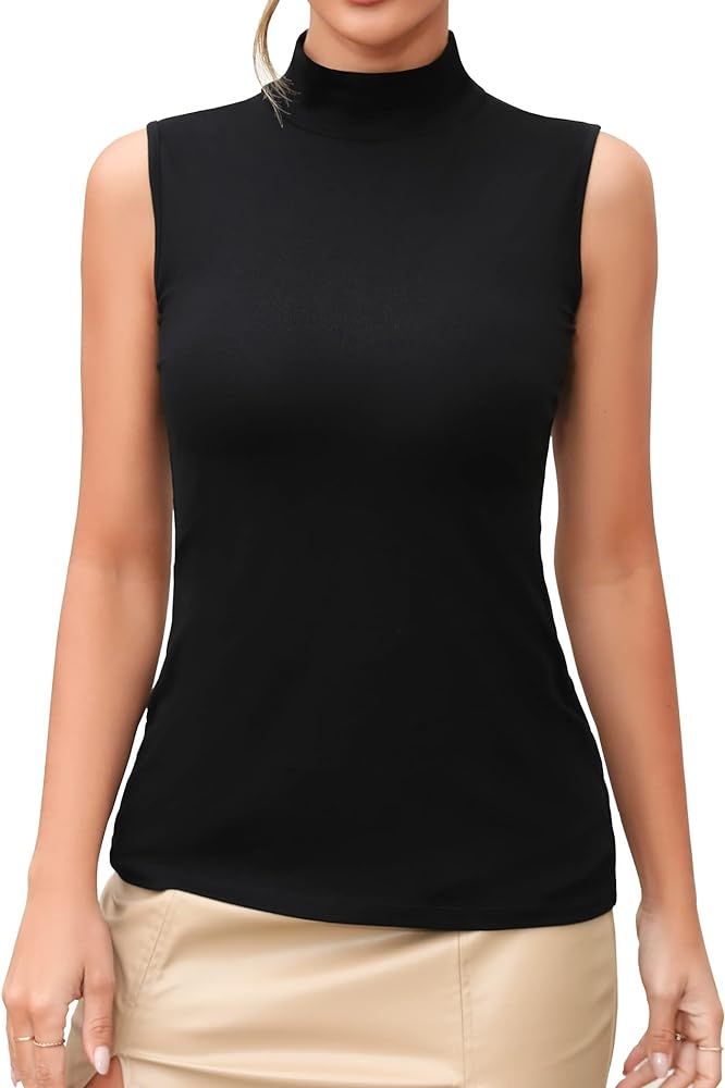 MANGDIUP Women's Mock Turtleneck Long Sleeve Sleeveless Tops Basic Slim T-Shirts | Amazon (US)