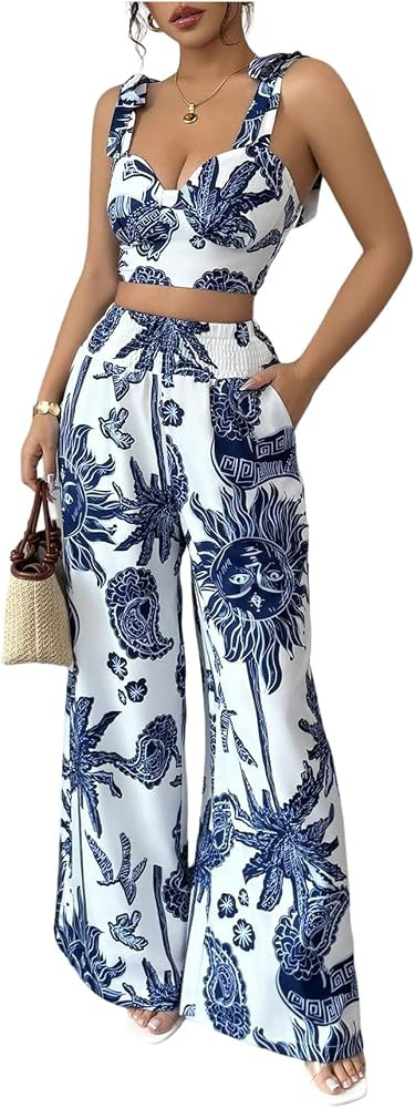 SweatyRocks Women's 2 Piece Boho Vacation Outfit Graphic Tie Shoulder Crop Top and Wide Leg Pants... | Amazon (US)