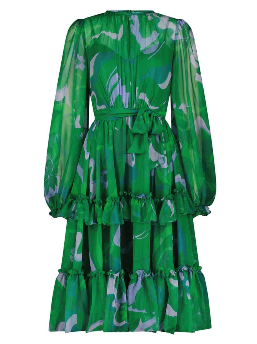Geometric Chiffon Ruffled Midi-Dress | Saks Fifth Avenue
