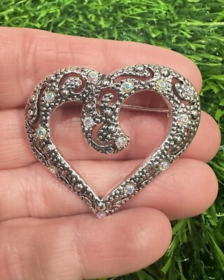 Vintage AAI Silver Tone Pink AB Rhinestones Faux Marcasite Heart Brooch Pin | eBay US