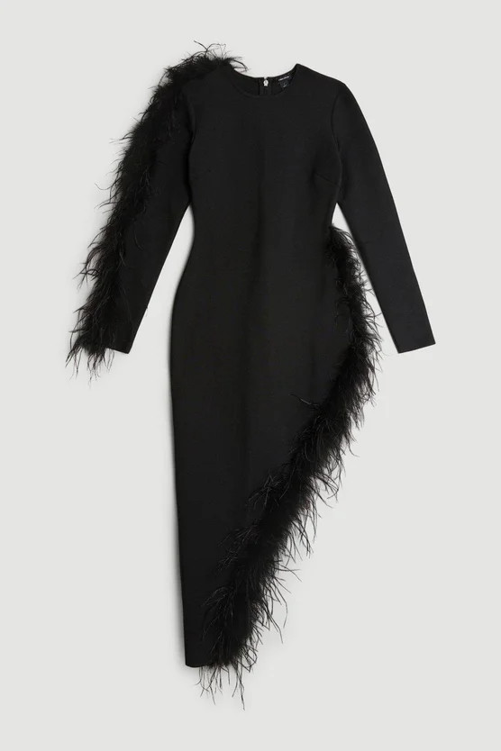 Figure Form Bandage Knit Split Feather Hem Midi Dress | Karen Millen UK + IE + DE + NL