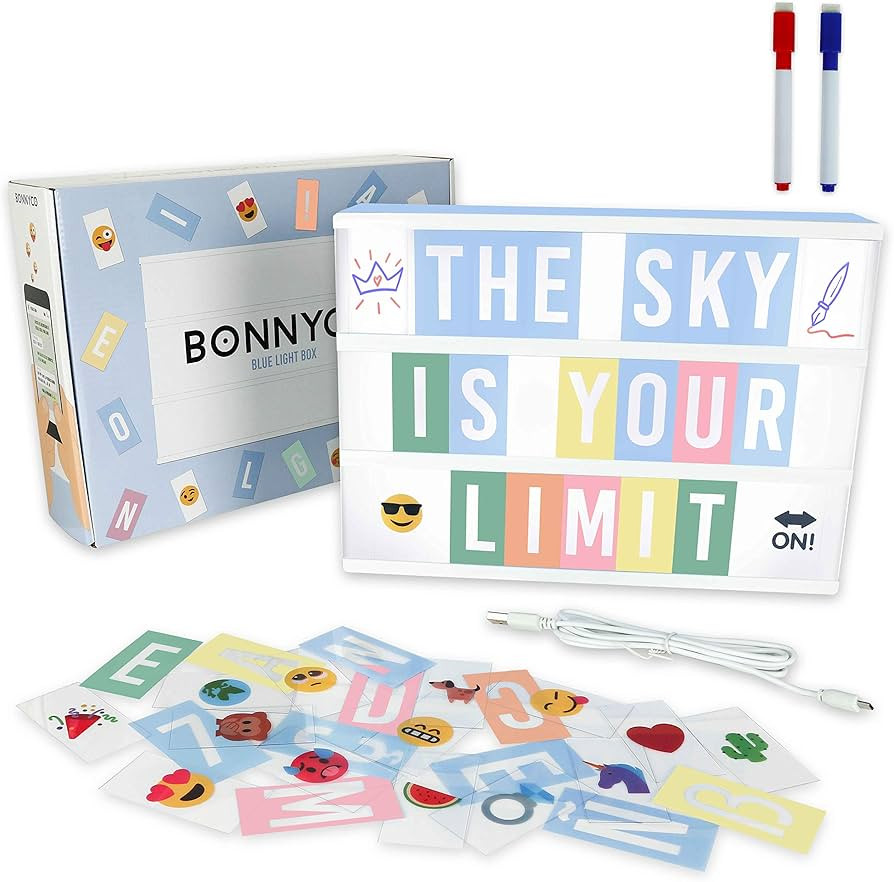 BONNYCO Blue Cinema Light Box with 400 Letters, Emojis and 2 Markers. Led Light Box Boy Bedroom D... | Amazon (US)