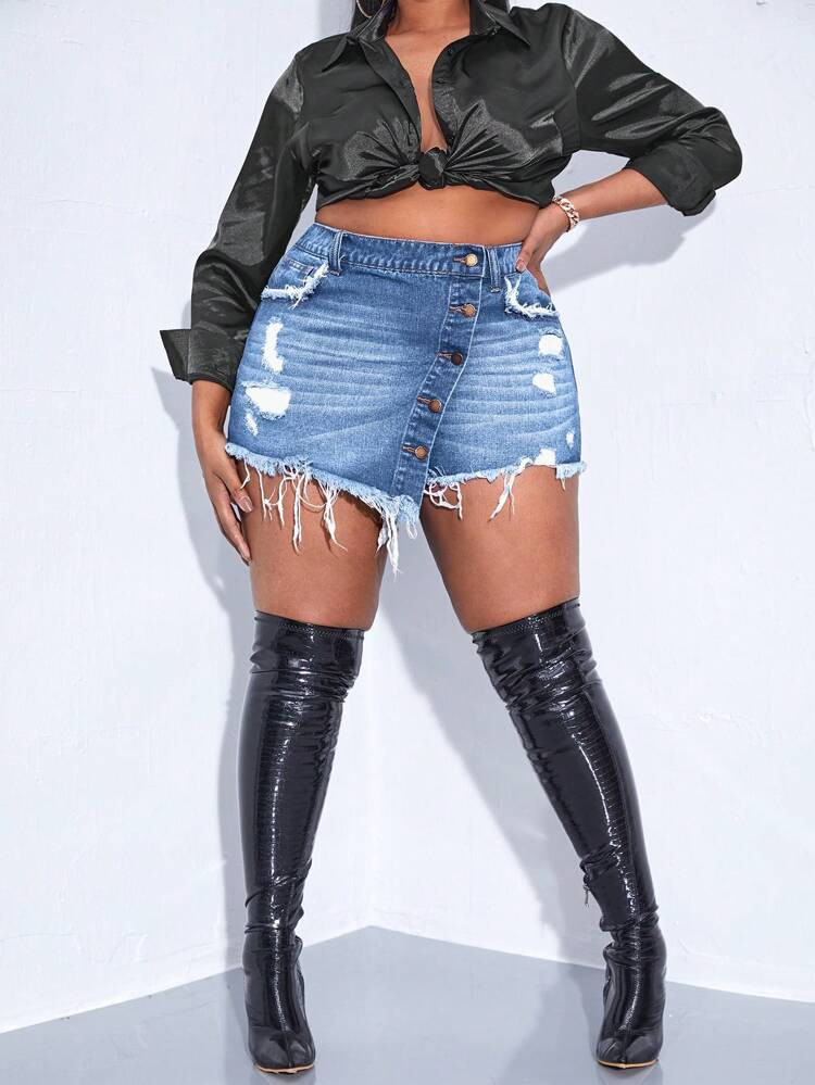 SHEIN Plus Ripped Raw Hem Button Front Denim Skort | SHEIN