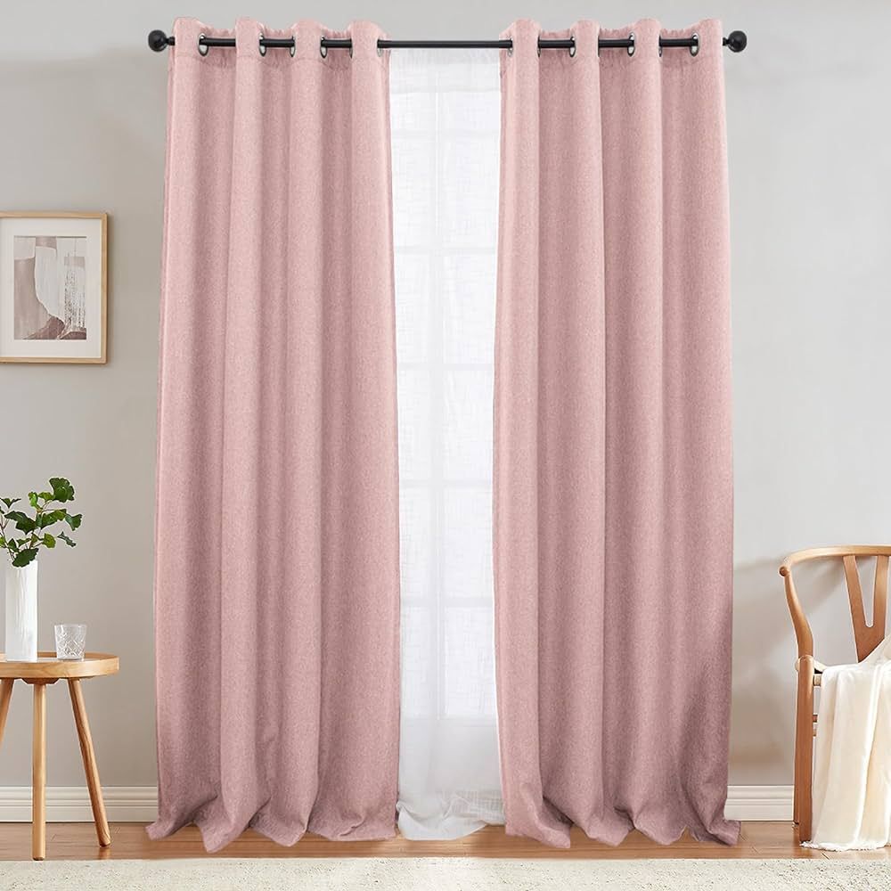 Amazon.com: jinchan Pink Linen Textured Curtain 90 Inch Long for Living Room Darkening Curtain Pi... | Amazon (US)