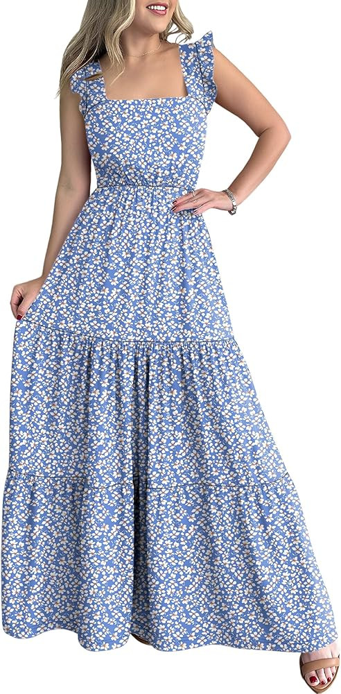 Prinbara Womens Maxi Dress Summer Casual Sleeveless Square Neck Flowy Ruffle Backless Beach 2026 ... | Amazon (US)