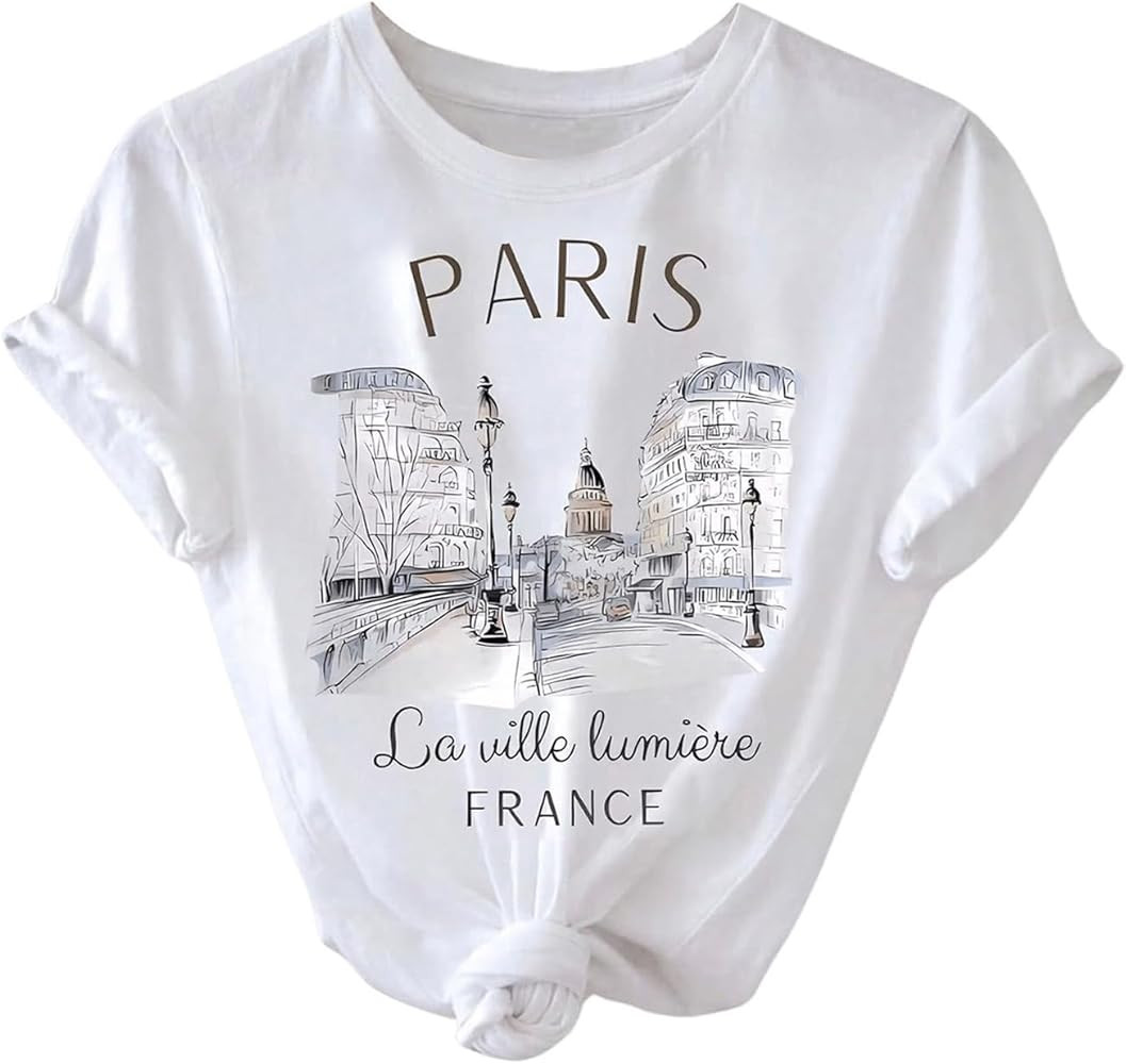 SweatyRocks Women's Paris Letter Graphic Tees Crew Neck Short Sleeve Casual T Shirt Tops | Amazon (US)