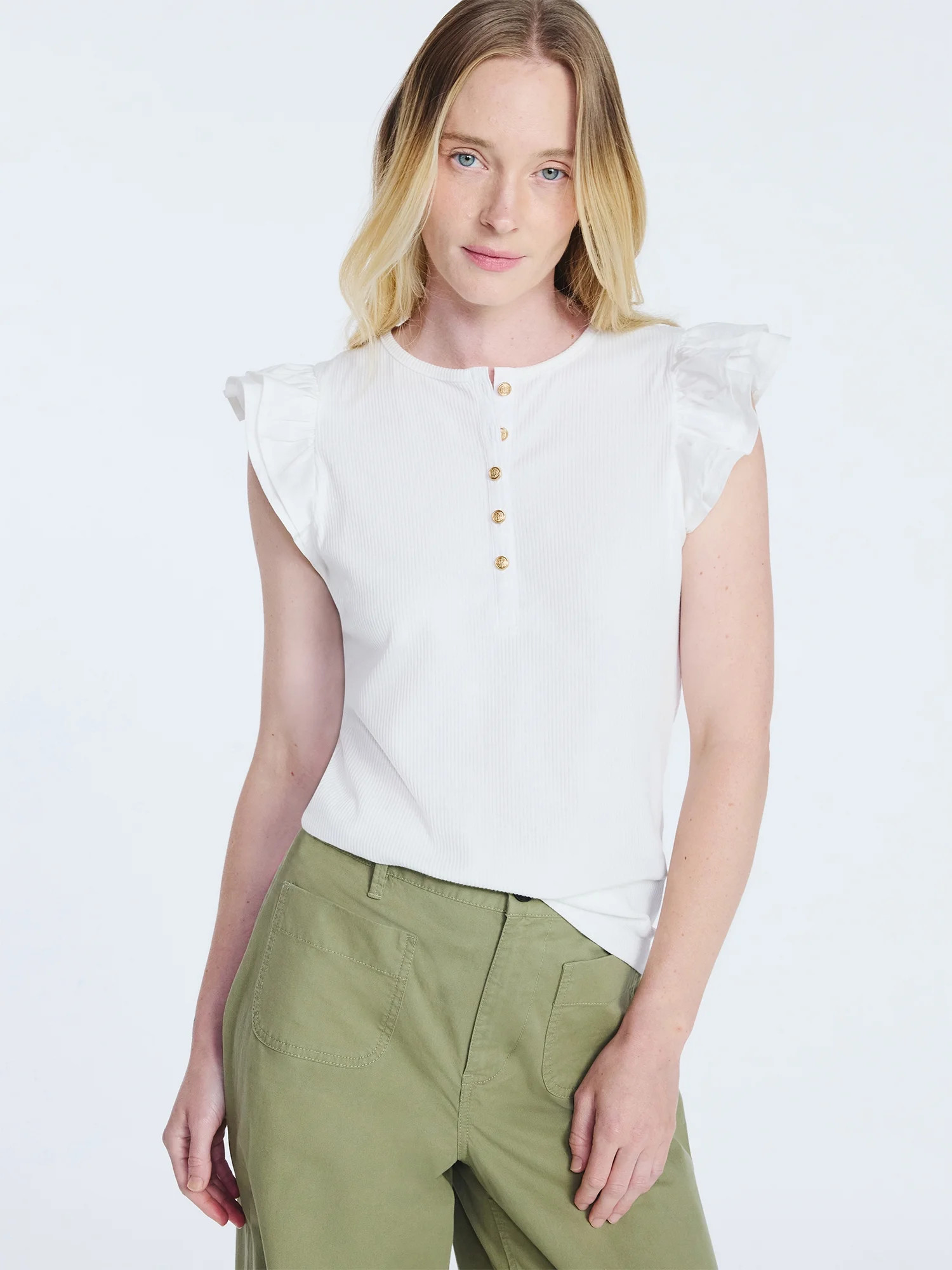 Free Assembly Women's and Women’s Plus Flutter Sleeve Henley Top, Sizes XS-4X | Walmart (US)