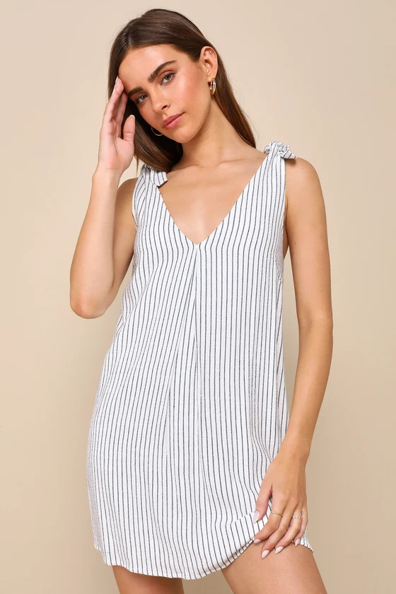 Spanish Summers Ivory Striped Linen Tie-Strap Shift Mini Dress | Lulus