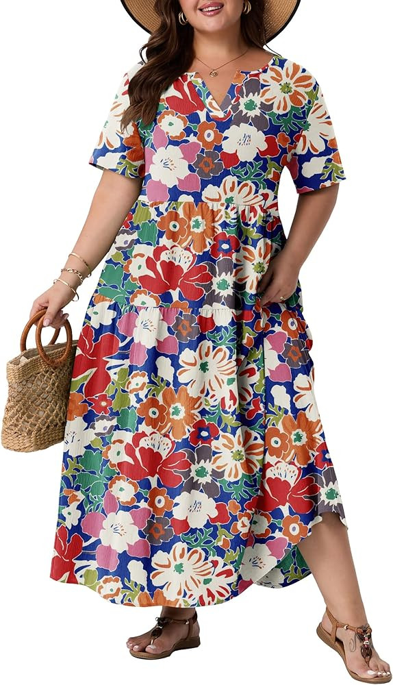 OLRIK Plus Size Maxi Dresses for Curvy Women - Flowy Boho Summer Dress with Pockets, V-Neck Short... | Amazon (US)
