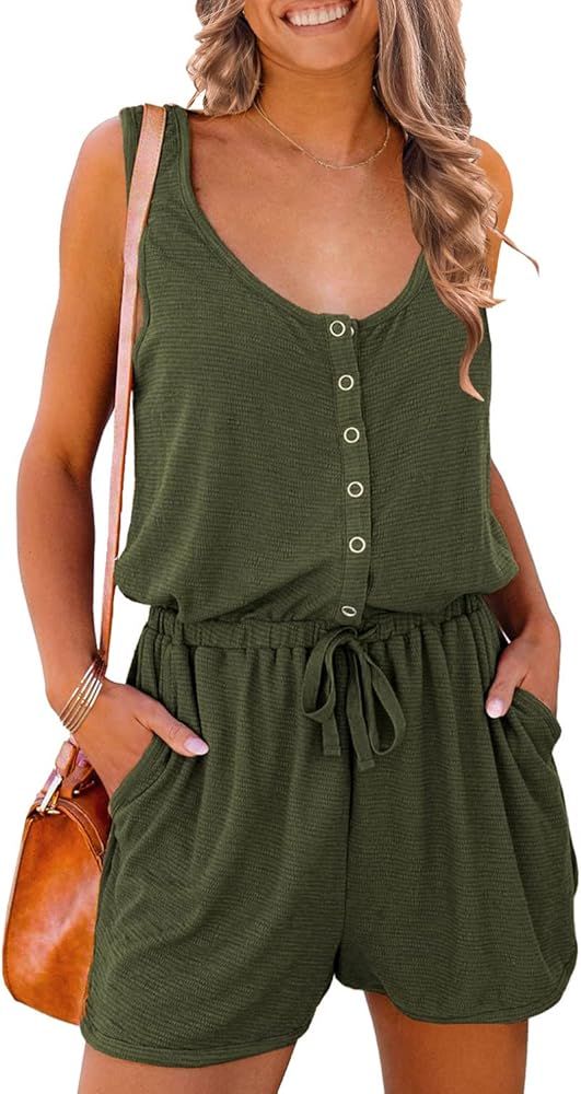 PRETTYGARDEN Women's Summer Casual Shorts Jumpsuit Plain Scoop Neck Button Down Sleeveless Tank Top  | Amazon (US)