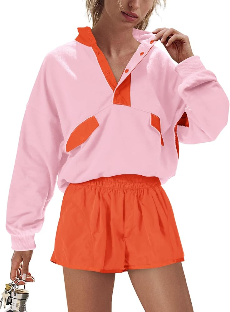 LAMISSCHE Work out Sets Gym for Women Sweatsuits 2 Piece Set Long Sleeve Top & Shorts Active Wear... | Amazon (US)