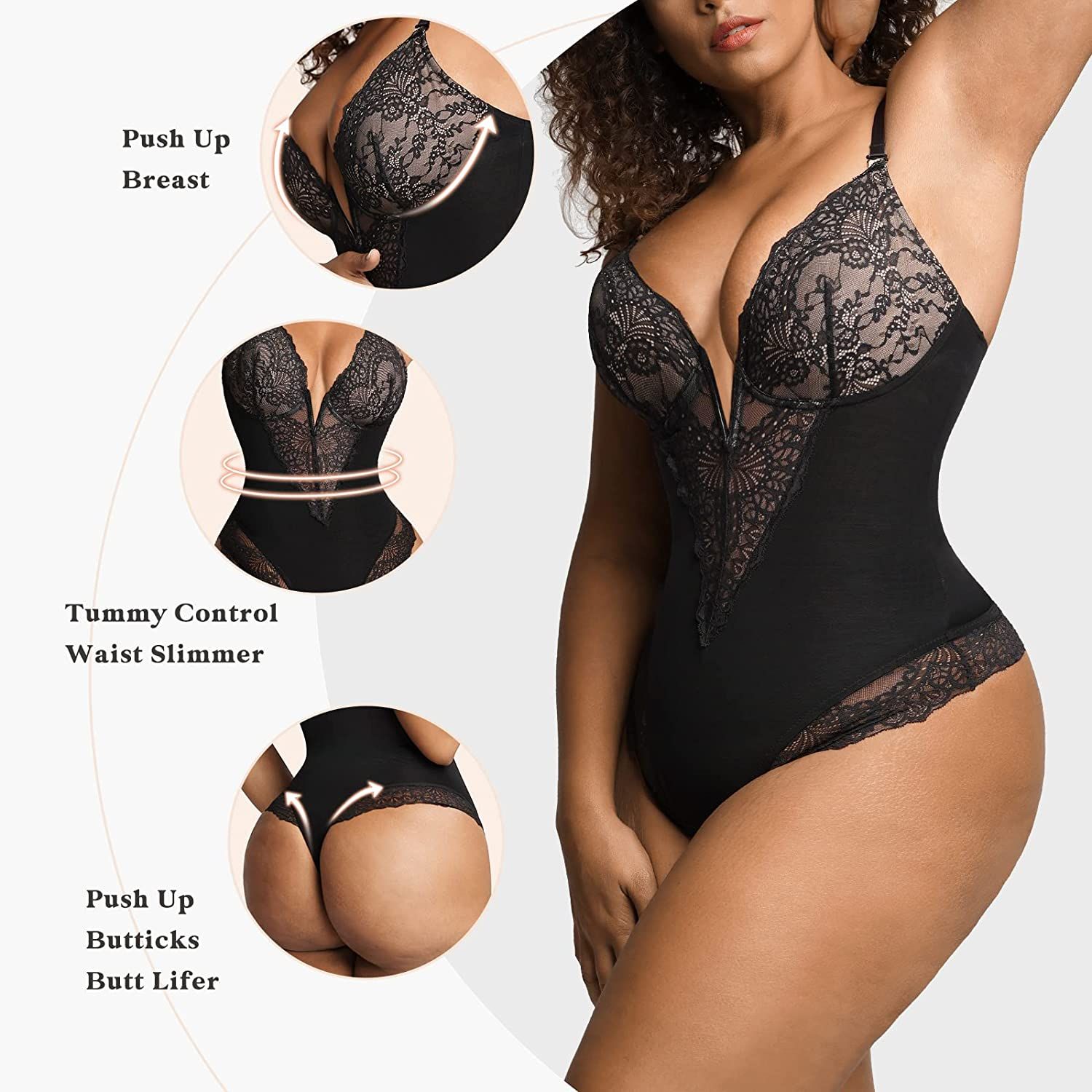 Popilush Lace Shapewear Bodysuit Women Tummy Control Backless Tank Tops V Neck Body Suit Thongs | Amazon (US)