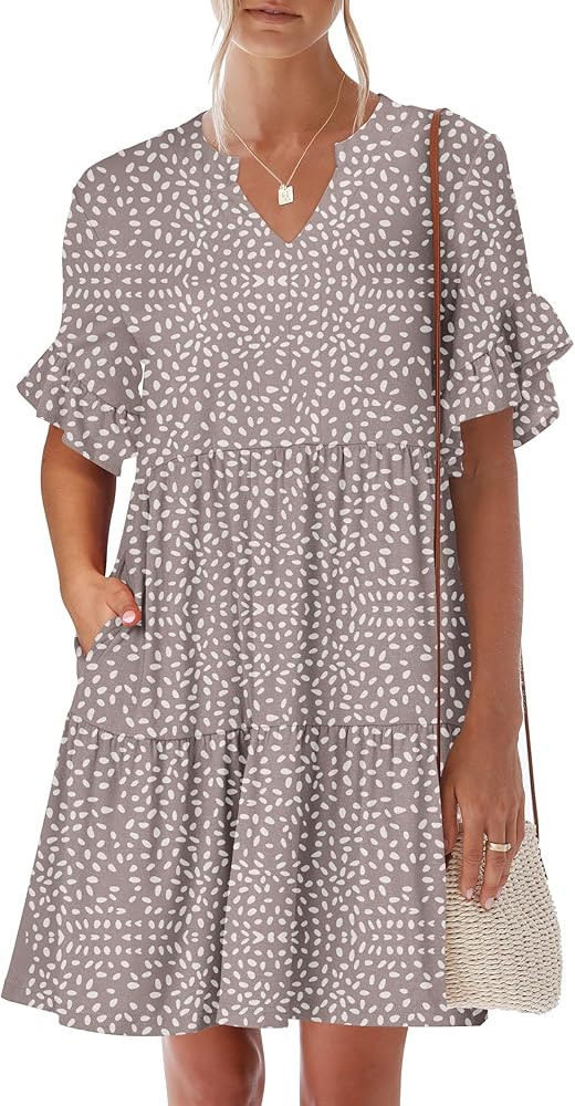 ANRABESS Women's Summer Casual Dress, V-Neck Ruffle Sleeve Tiered Mini Dress, Soft Comfy Fabric w... | Amazon (US)