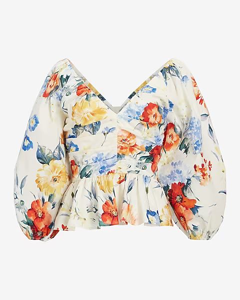 Floral V-Neck Puff Sleeve Pleated Peplum Top | Express