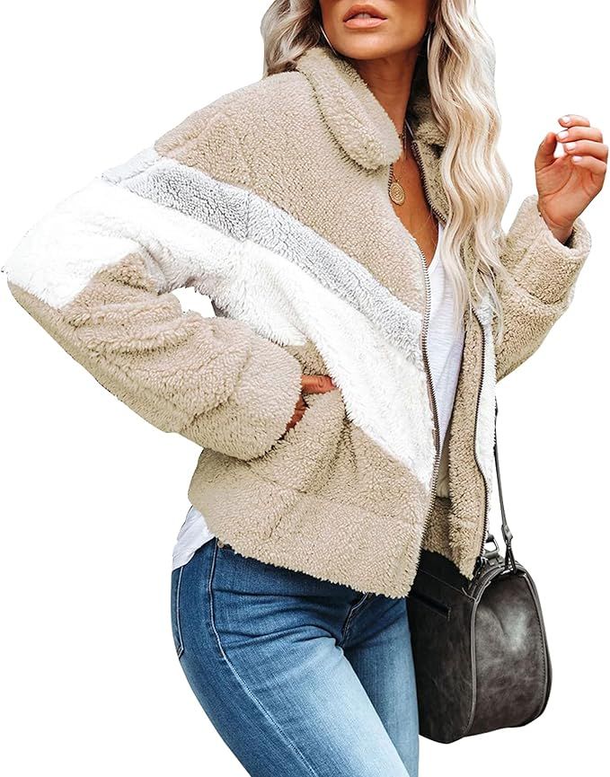 MARZXIN Women's Lapel Zip Up Fuzzy Fleece Shaggy Oversized Coat Faux Shearling Jacket with Pocket... | Amazon (US)