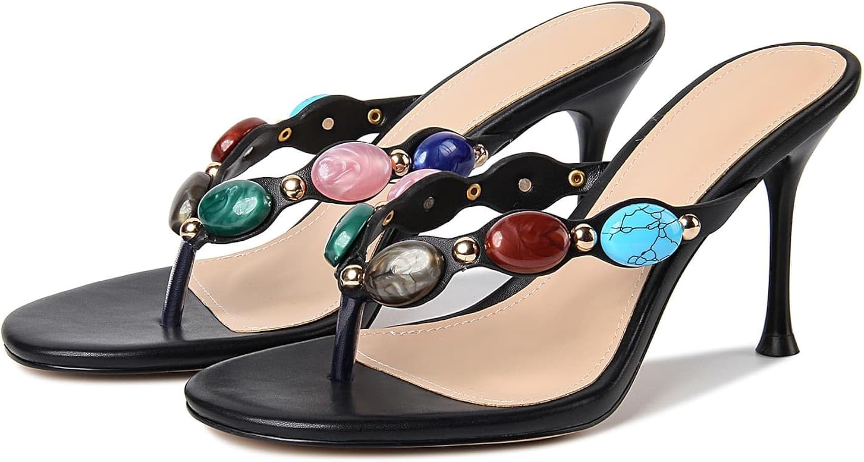 DREAMSTORY Women's Jeweled Thong Strappy Heels Sandals Comfortable Round toe High Heel Dressy Sum... | Amazon (US)