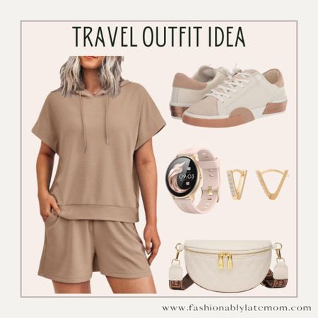 Travel outfit idea! 
Fashionablylatemom 
Bag 
Sneakers 
Amazon set 

#LTKitbag #LTKstyletip #LTKshoecrush