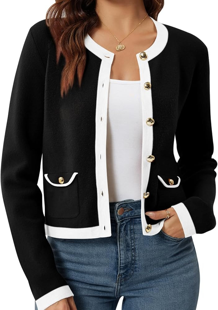 Yousify Womens 2024 Open Front Button Down Cardigan Long Sleeve Pockets Color Block Knit Cropped ... | Amazon (US)