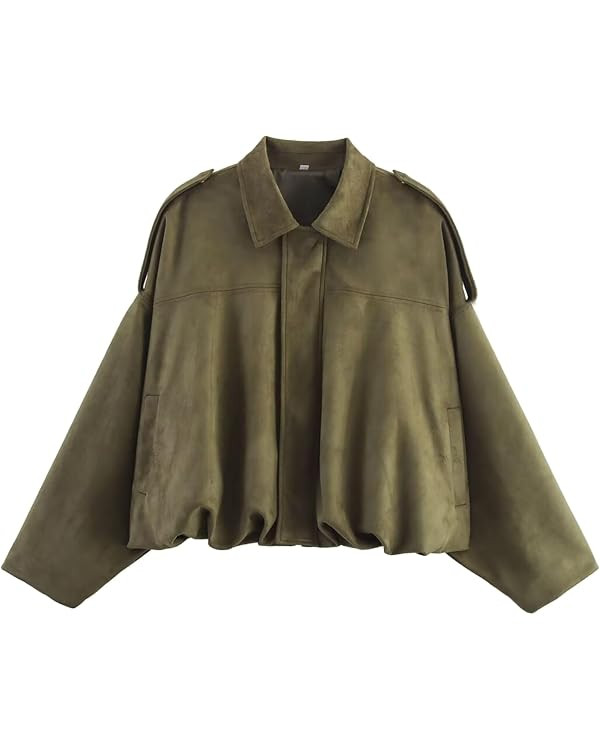 Xunger Women's Faux Suede Bomber Jacket Spring Lapel Pilot Coat Casual Oversized Long Sleeves Tre... | Amazon (US)