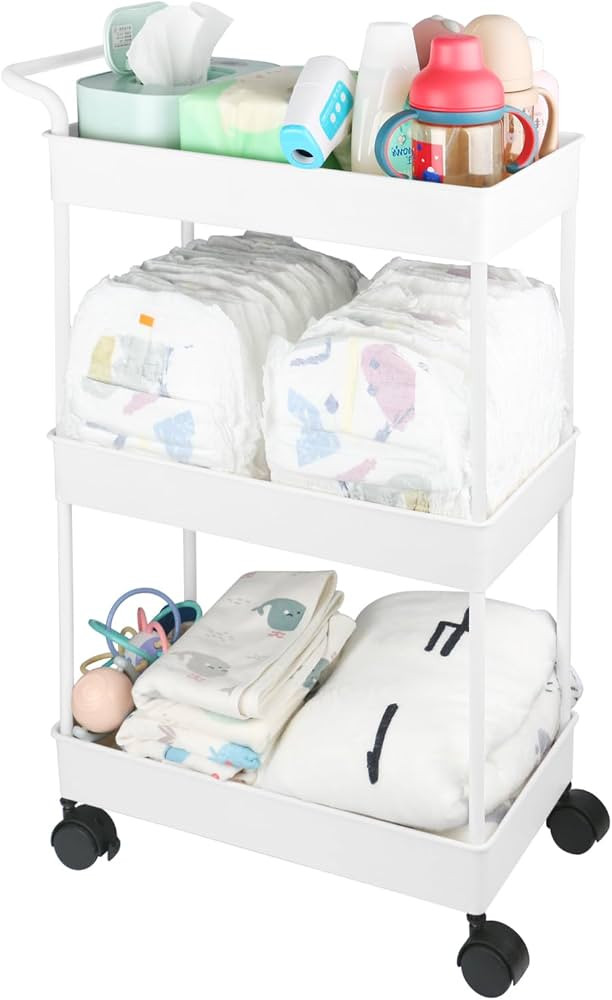 Baby Diaper Caddy, Plastic Movable Cart for Newborn Nursery Essentials Baby Diapers Organizer for... | Amazon (US)