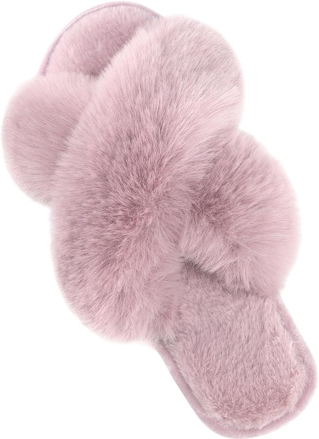 Parlovable Women's Fuzzy Slippers Comfy Cross Band House Shoes Memory Foam Open Toe Indoor Gifts ... | Amazon (US)