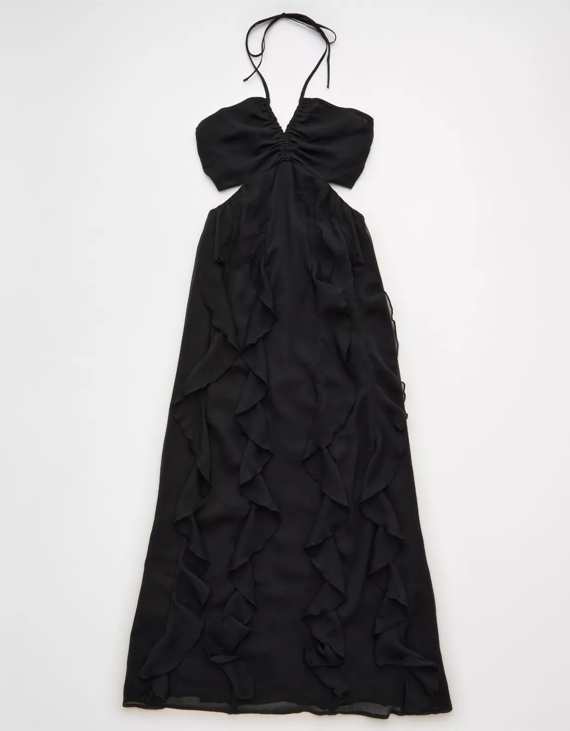 AE Ruched & Ruffled Halter Maxi Dress | American Eagle Outfitters (US & CA)