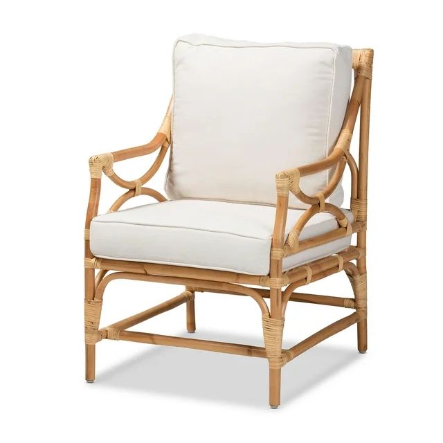 bali & pari Brandon Modern Bohemian White Fabric Upholstered and Natural Brown Rattan Armchair | Walmart (US)