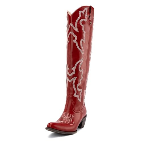 Gradinery Red Cowboy Boots For Women Embroidered Fashion Classic Cowgirl Western Boots With Chunky Heels And Pull Tabs 9.5 | Amazon (US)