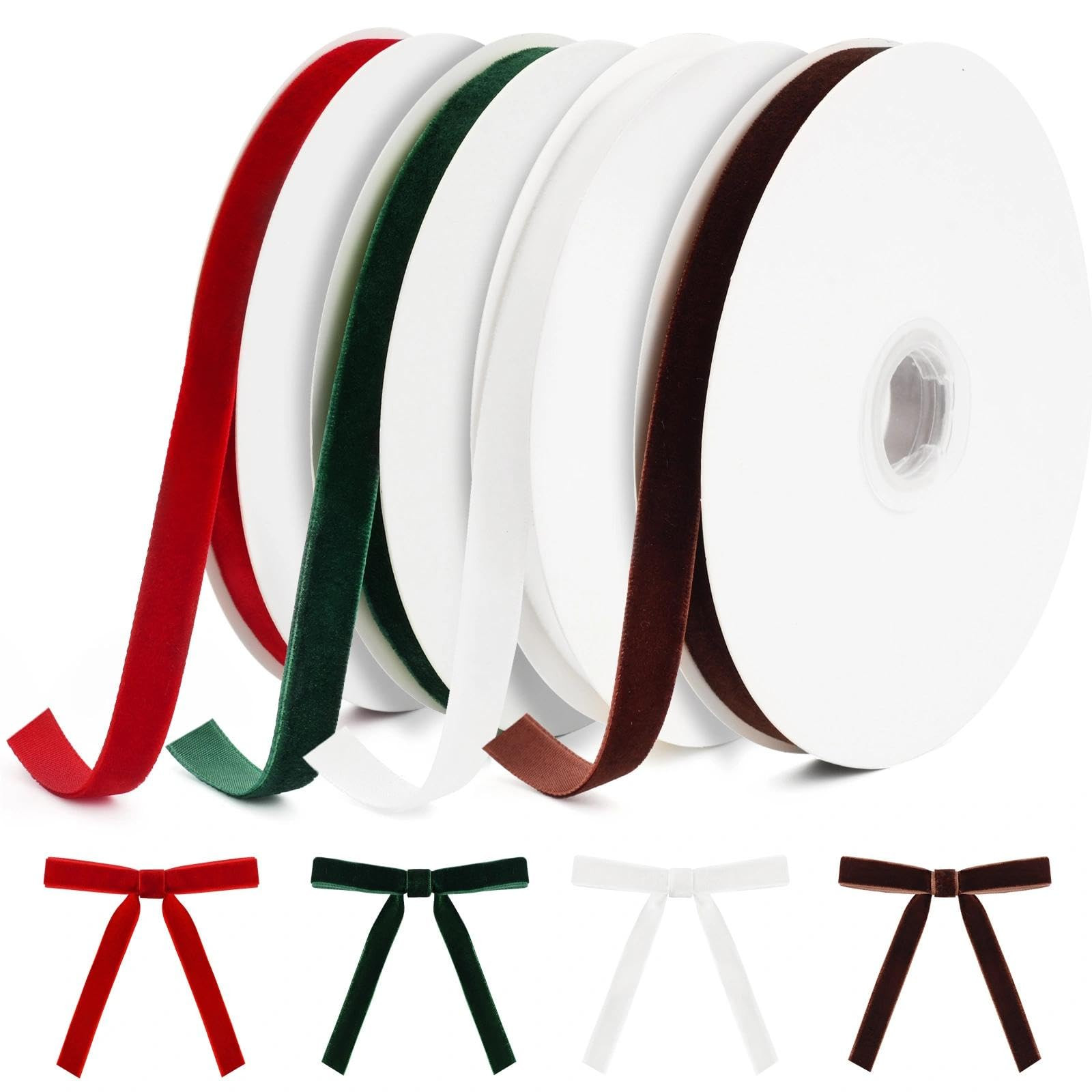 Velvet Ribbon Set 3/8" x 48 Yards — Red Green White Brown Thin Velvet Ribbons for Christmas Gif... | Amazon (US)
