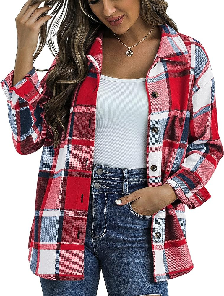Traleubie Women's Flannel Jacket Plaid Shacket Lapel Button Down Long Sleeve Shirt Color Block Ca... | Amazon (US)