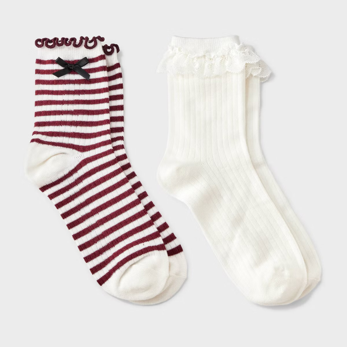 Women's Striped Waffle Knit 2pk Crew Socks with Bow Applique - Auden™ Berry/Ivory/Black 4-10 | Target