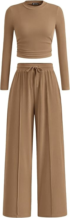 PRETTYGARDEN Women's 2 Piece Sets 2026 Fall Long Sleeve Crop Tops Wide Leg Pants Matching Outfit ... | Amazon (US)