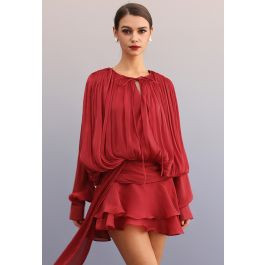Two-Piece Bubble Sleeve Tiered Mini Dress with Sash in Red | Chicwish