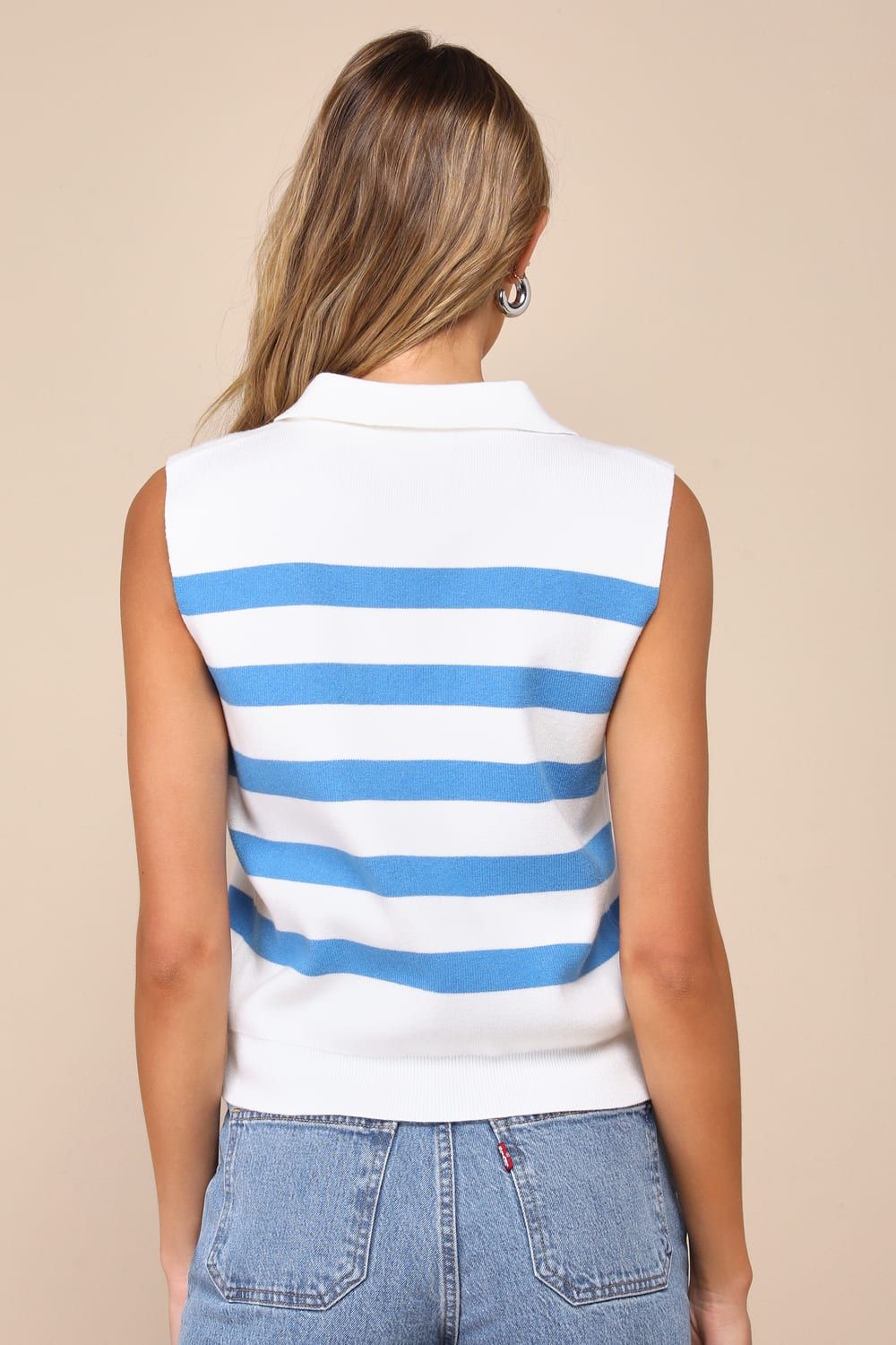 Unbelievably Chic White Striped Collared Sleeveless Sweater Top | Lulus
