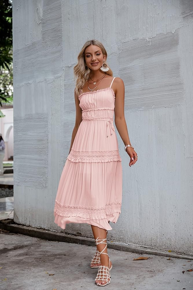 Amegoya Women's Summer Boho Spaghetti Strap Casual Long Dress Flowy Beach Swing Party Maxi Dress | Amazon (US)
