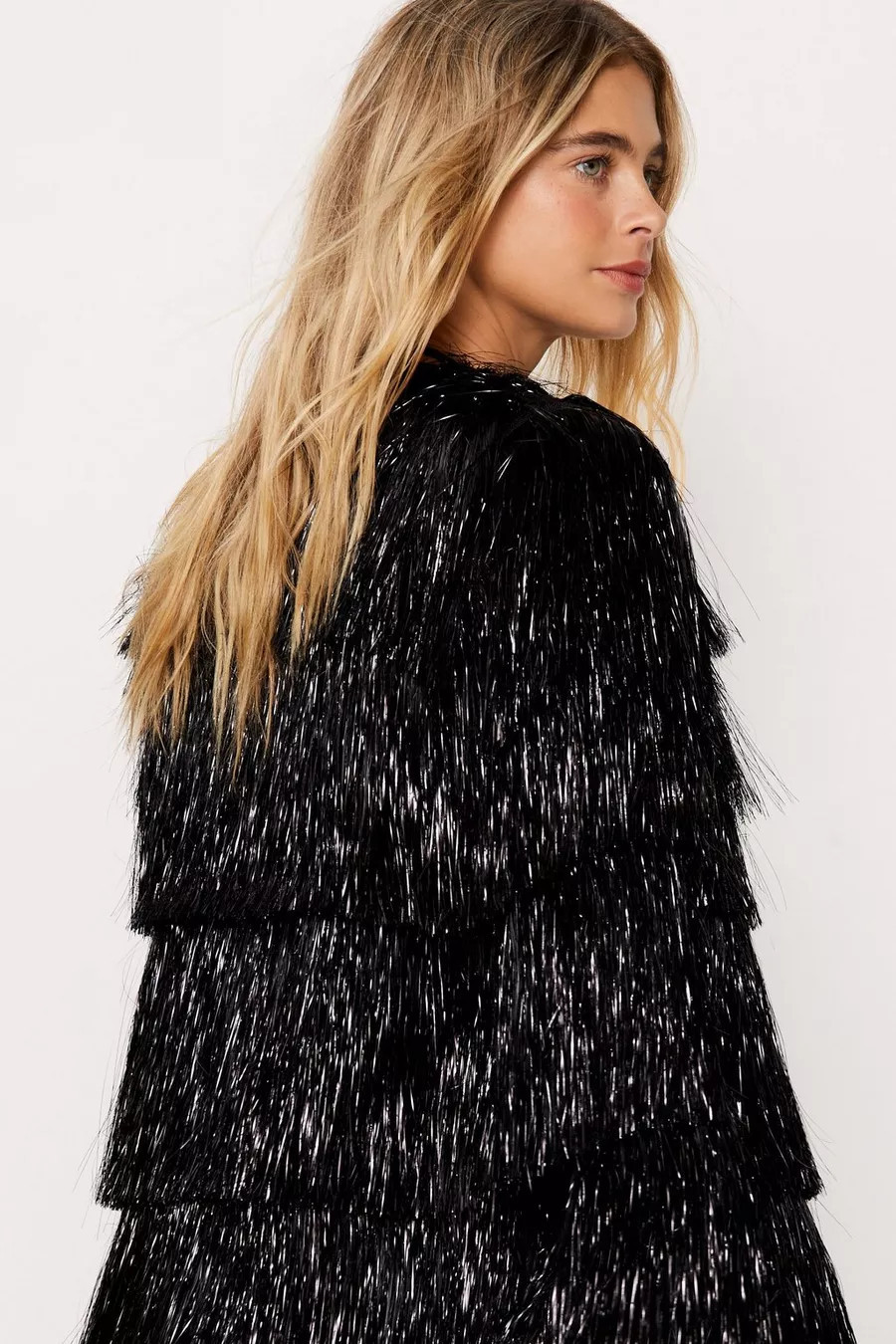 Metallic Open Front Tiered Tinsel Fringe Jacket | Nasty Gal (US)