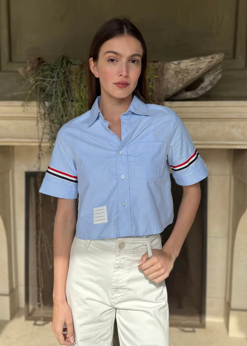 Tammy Cropped Short Sleeve Button Down Top - Blue | Benaar La