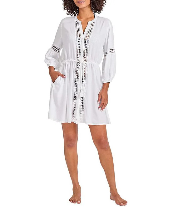 Sunlace Rayon V-Neck Belted Button Front Shirt Dress Swim Cover-Up | Dillard's