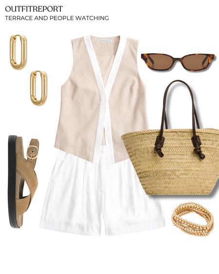 Summer spring outfit nice vest top white linen shorts sandals straw handbag tote 

#LTKshoes #LTKstyletip #LTKbag