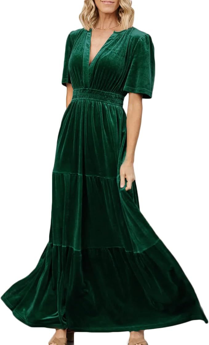 Women's Elegant Velvet Maxi Dress Plunging V Neck Long Wrap Dress Aline Flowy Formal Bridesmaid D... | Amazon (US)