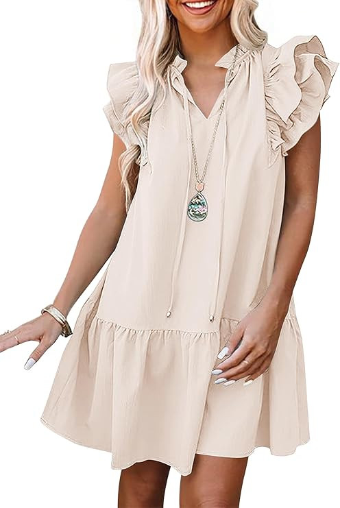 ANRABESS Womens Summer V-Neck Drawstring Ruffle Cap Short Sleeve Casual Shift Mini Dress with Poc... | Amazon (US)