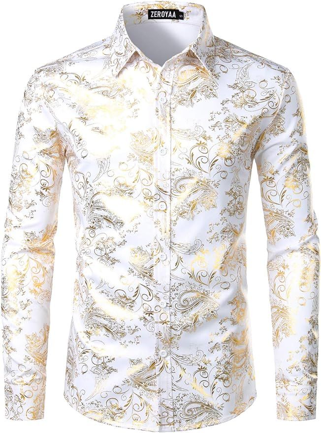 ZEROYAA Men's Luxury Paisley Gold Shiny Printed Stylish Slim Fit Button Down Dress Shirt | Amazon (US)