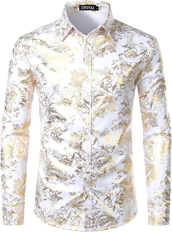 ZEROYAA Men's Luxury Paisley Gold Shiny Printed Stylish Slim Fit Button Down Dress Shirt | Amazon (US)